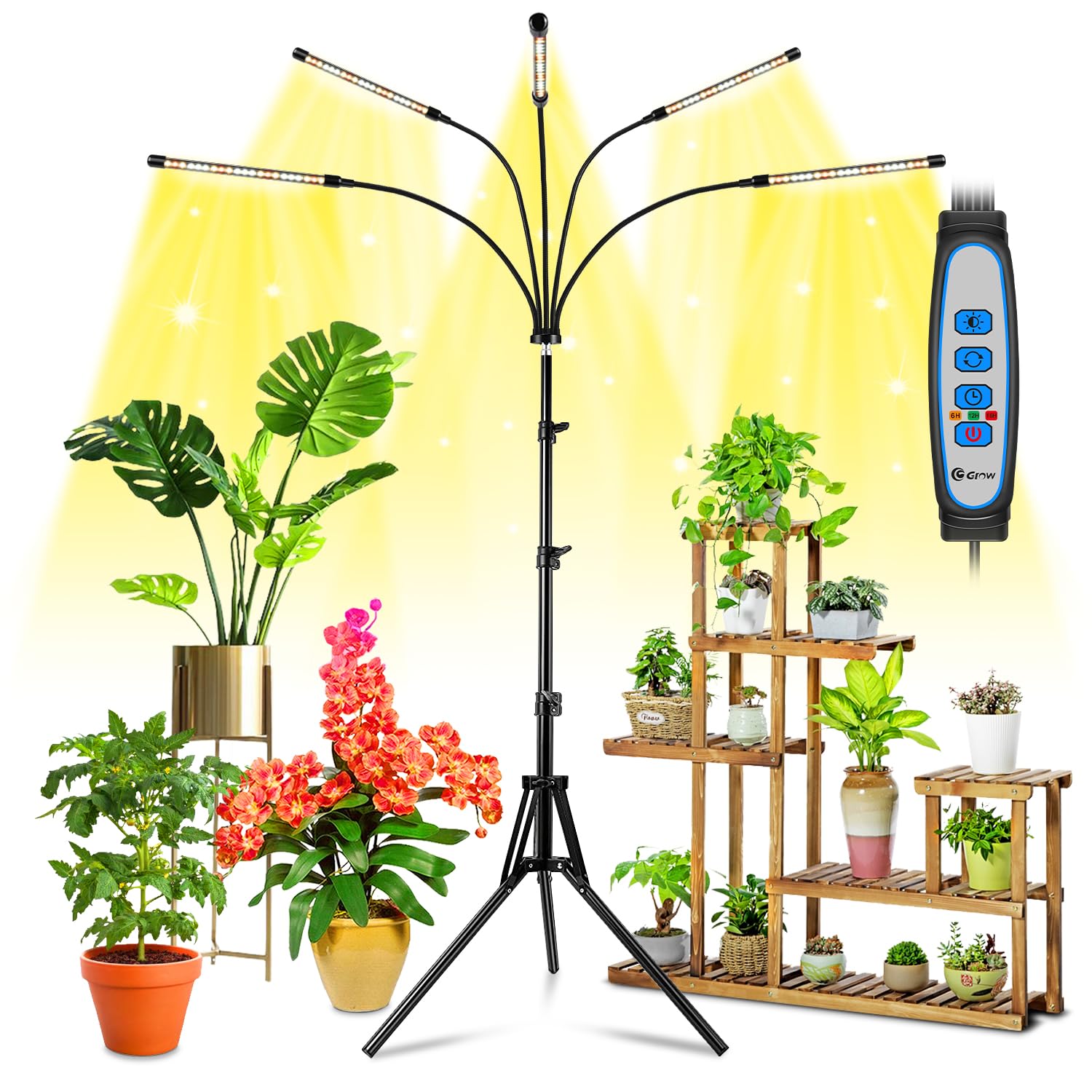 Photo 1 of Wolezek Grow Lights for Indoor Plants Full Spectrum, LED Grow Light with Adjustable Stand and Sturdy Clip, 5-Heads Plant Grow Lights Indoor with Auto 6/12/16H Timer, 3 Light Modes, 5 Levels Dimmable