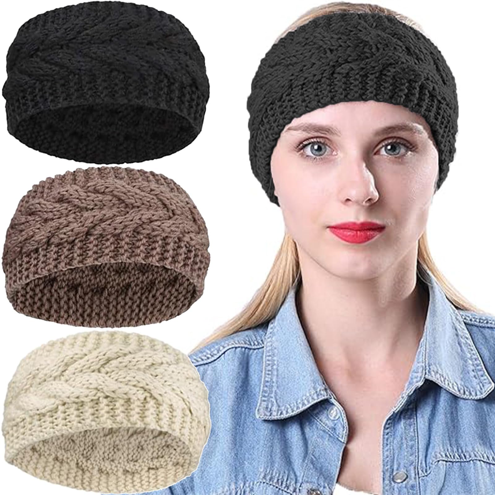 3Pcs Winter Knit Headbands for Women, Knitted Headband Thermal Knit Headbands Elastic Twist Chunky Turban Hairdbands Crochet Head Wraps Winter Ear Warmer Shopping Skiing Running