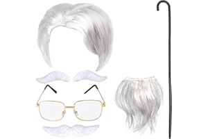 Keymall Old Man Wig and Mustache Set Grandpa Costume Accessories Kit with Grey Wig Fake Beard Eyebrows Cane Glasses for Men Adults teens (Silver wig set)