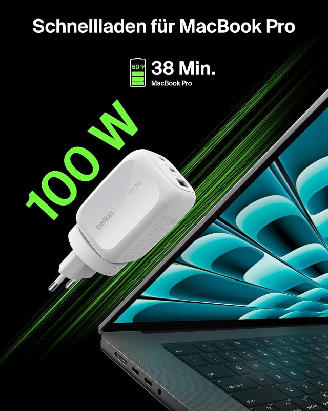 3 Port USB C Ladegerät, 100 W, GaN-Ladegerät, 2 USB-C-Anschlüsse, 1 USB-A-Anschluss, inkl. Reisestecker für EU/UK/USA, Schnellladen von MacBook, iPhone, iPad Pro, Samsung Galaxy, Pixel – Weiß