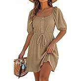 Dokotoo Women's Square Neck Puff Sleeve Dress Casual Summer A-Line Mini Dress with Belt
