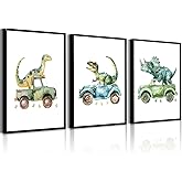 Dinosaur Nursery Wall Art Kids Canvas Poster Baby Boy Nursery Wall Decor Green Dino Pictures Toddler Prints Cartoon Dino Car Painting Boys Room Artwork for Bedroom Bathroom 12x16x3 Inch Unframed