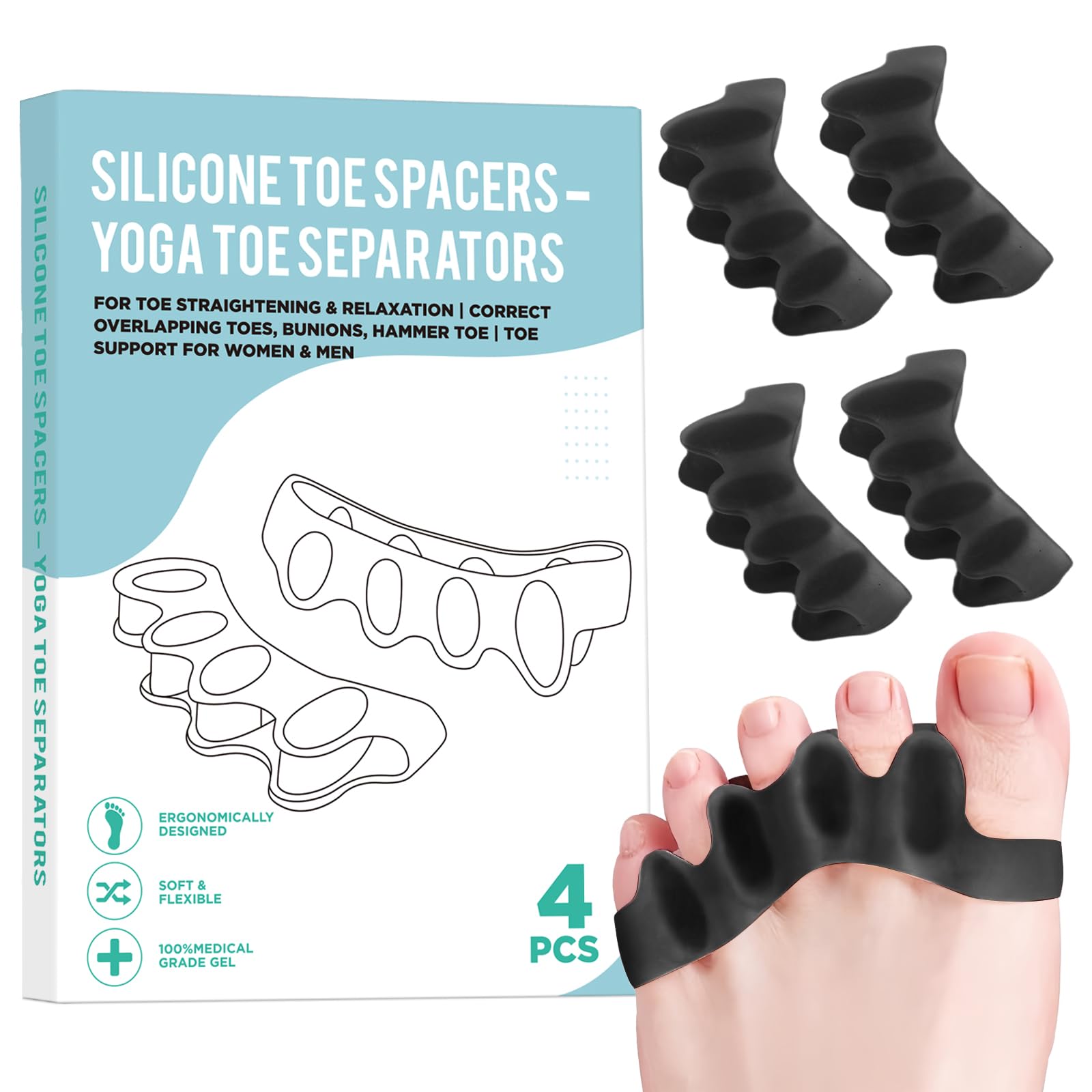 Photo 1 of 4 Pcs Silicone Toe Spacers – Yoga Toe Separators for Toe Straightening & Relaxation | Correct Overlapping Toes, Bunions, Hammer Toe | Toe Support toe separators for Women & Men (Black, 3.98)