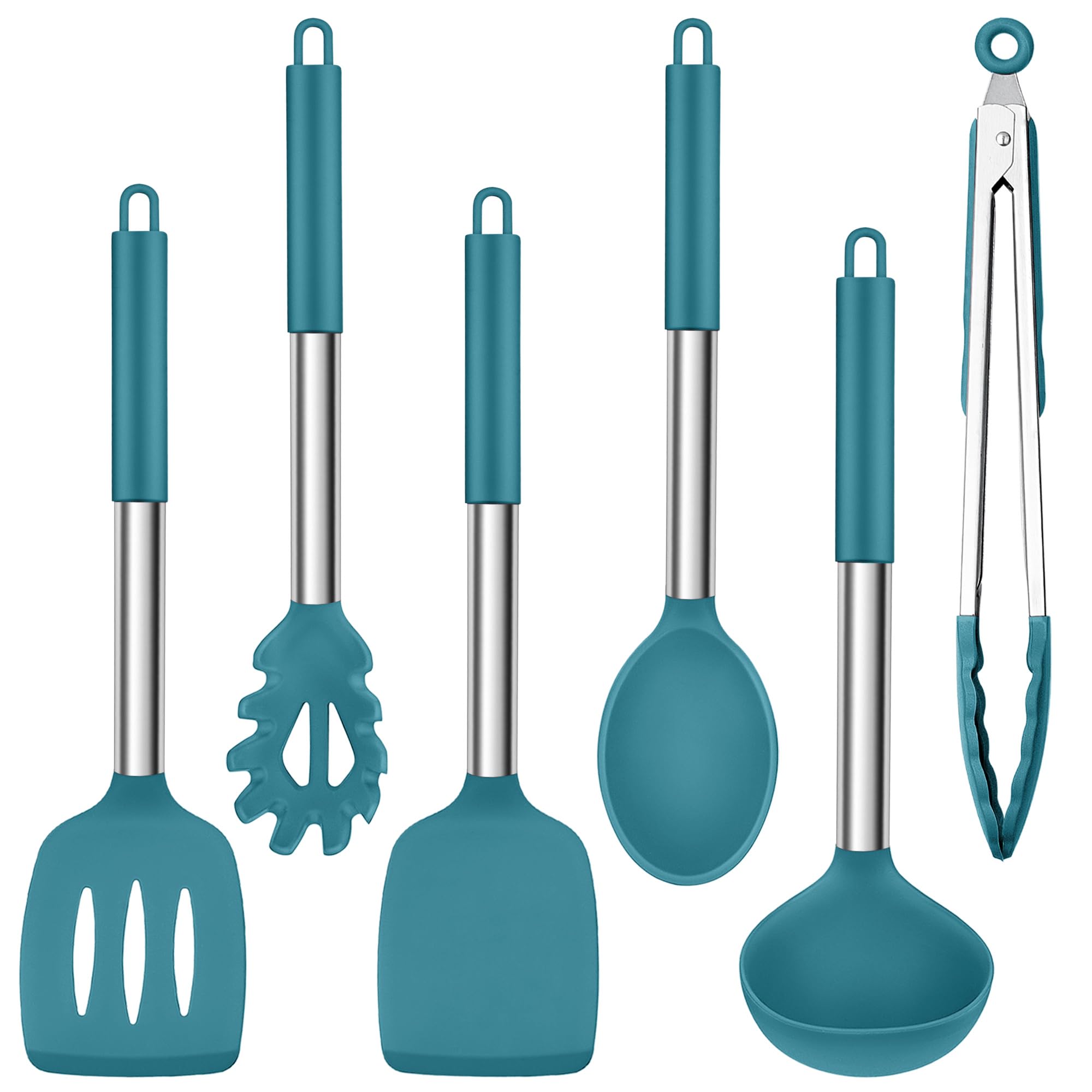 Herogo Kitchen Utensils Set, 6-Piece Silicone Cooking Utensil Set, Heat Resistant Stainless Steel Handle Cooking Tools, Non-Stick Silicone Spatula Turner Spoon Set, Easy to Clean - Blue