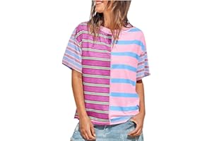 Womens Summer Striped Shirts Casual Color Block Short Sleeve Tops Loose Fit Crew Neck Tees