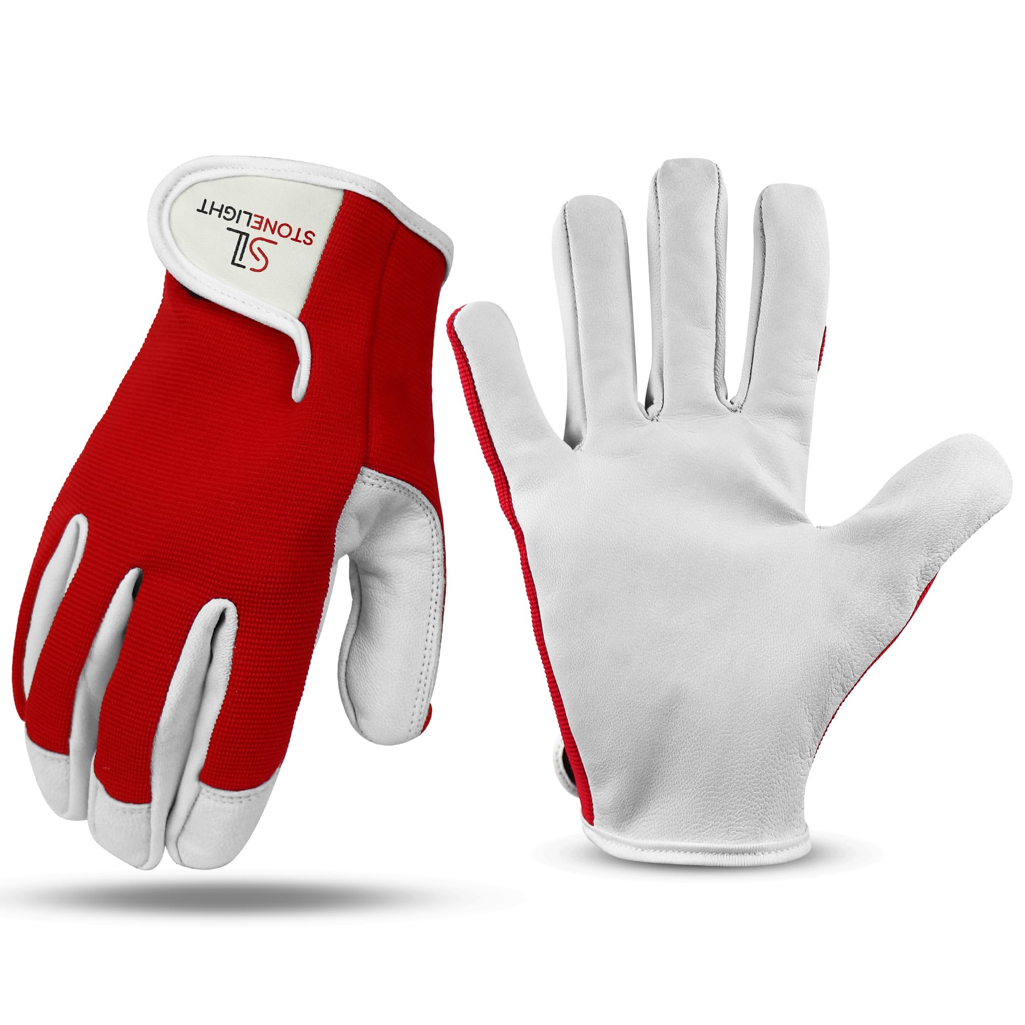 STONELIGHT Unisex Gardening Gloves Made with Leather & Spandex - Thorn Proof Rigger Safety Work Gloves with Reinforced Fingertips, Adjustable Wrist Closure, Waterproof & Breathable (Red, XL)