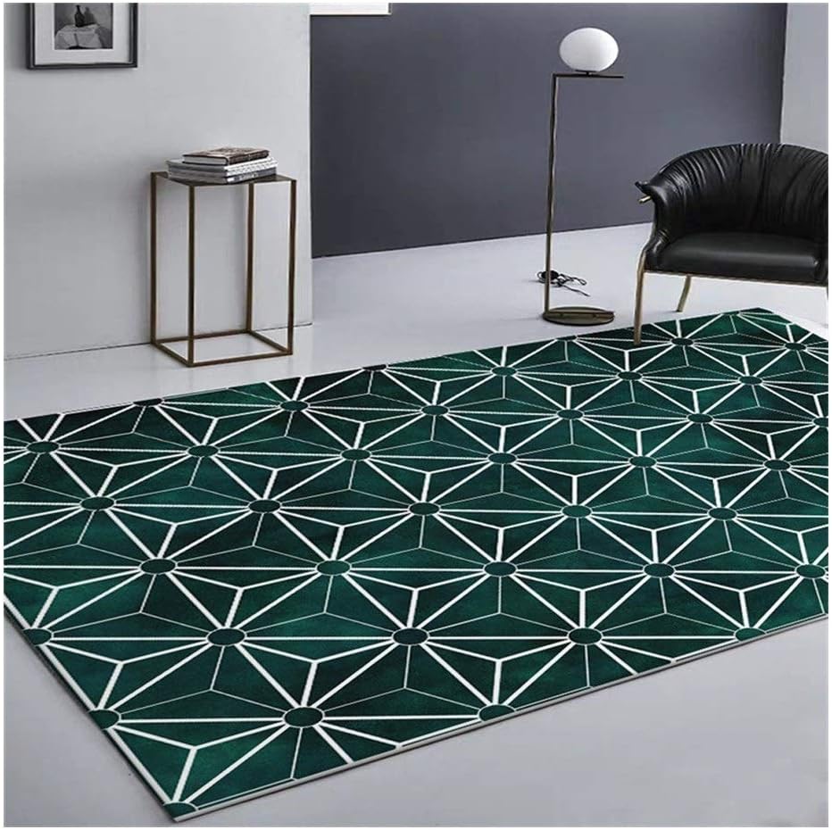 Modern Geometric Rectangular Rug Dark Green White Line Triangle Diamond Parrern Area Carpets for