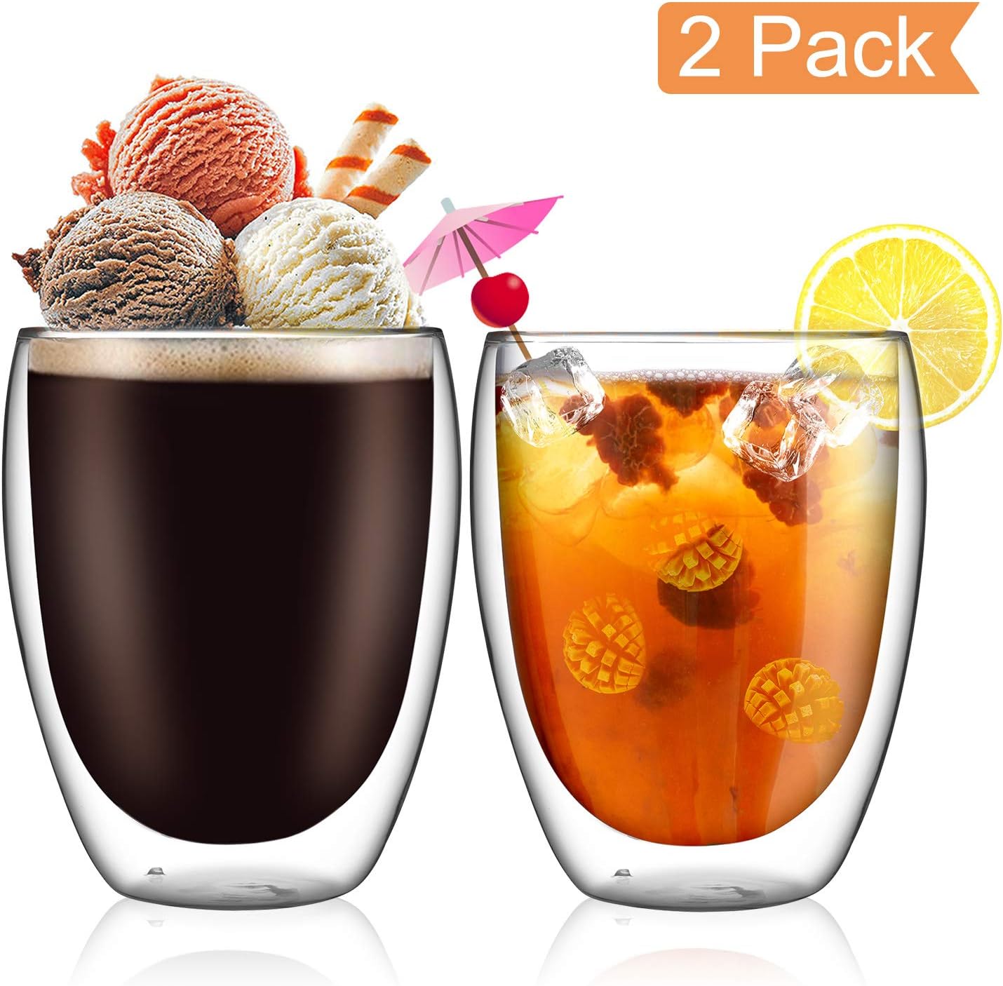 WZOED Glass Cups Double Wall 350ML Set of 2, Insulated Thermo Glass Tumbler Highball Glass Mugs for Coffee/cocktail/lemonade/iced Tea/Beer/Juice (Made of Real Borosilicate Glass, Not Plastic)
