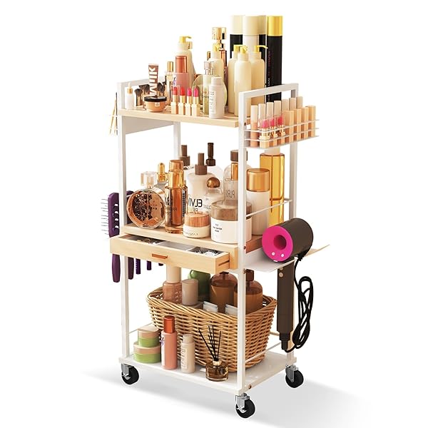 XUBIALO 3 TIER ROLLING UTILITY CART WITH WOODEN...