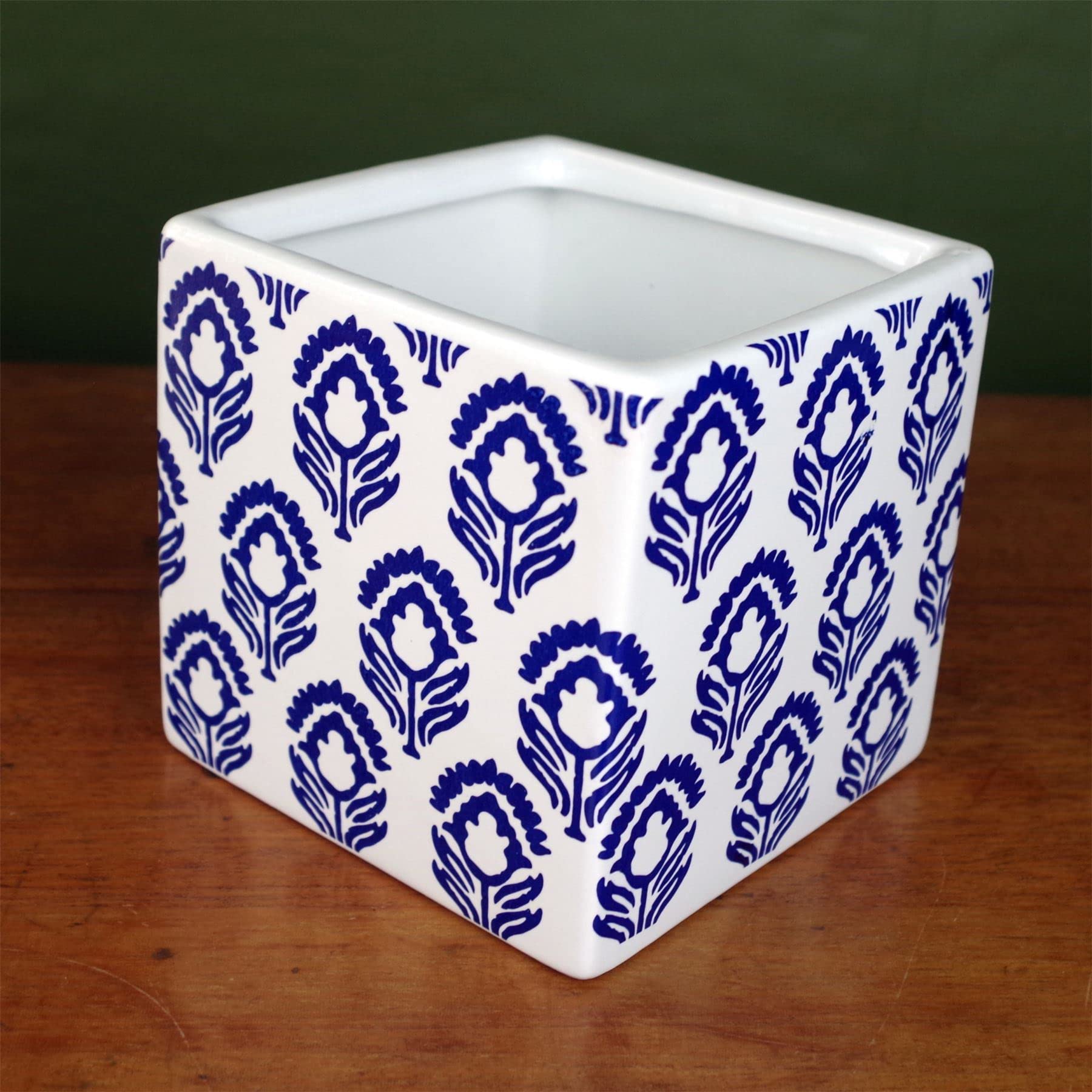 Leaf Ceramic Indoor Cachepot Planters, Blue White Floral Print, 12cm