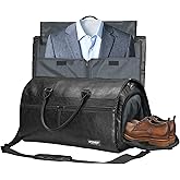 STOVER Garment Travel Duffle Bag, Large 2-in-1 Convertible Carry-on Luggage for Men & Women- Hanging Suits, Dresses & Clothes + Shoe Compartment- Weekender Tote Combo Duffel (Black Leatherette)
