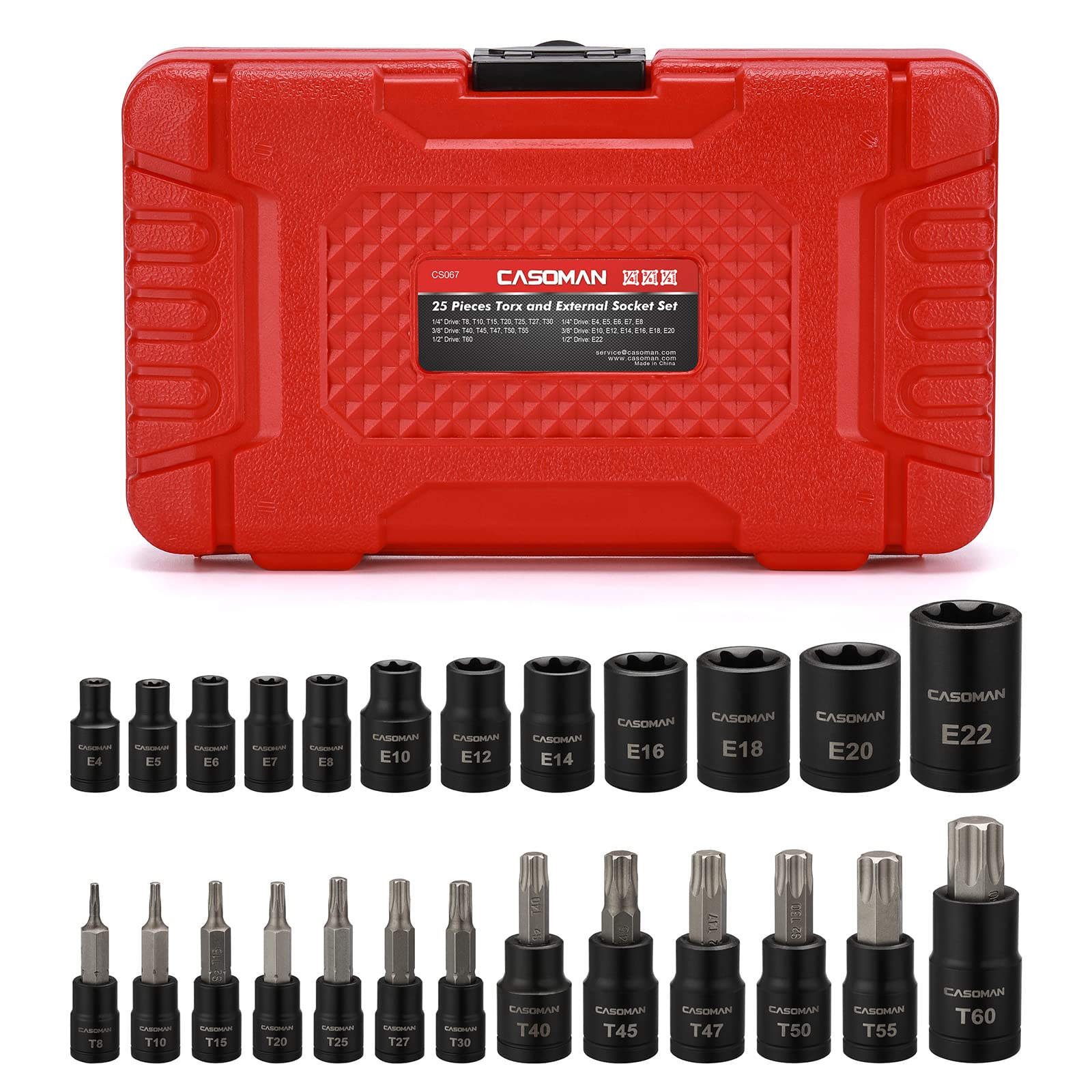 CASOMAN 25 Piece Torx Bit Socket Set, 13 Star Socket Bits (T8-T60) & 12 Female E-Torx Sockets (E4-E22)