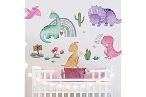 Yovkky Watercolor Girls Dinosaur Wall Decals Stickers, Dino Rainbow Cactus Nursery Decor, Tropical Plant Home Decorations Kids Bedroom Playroom Toddler Baby Shower Room Art Gift