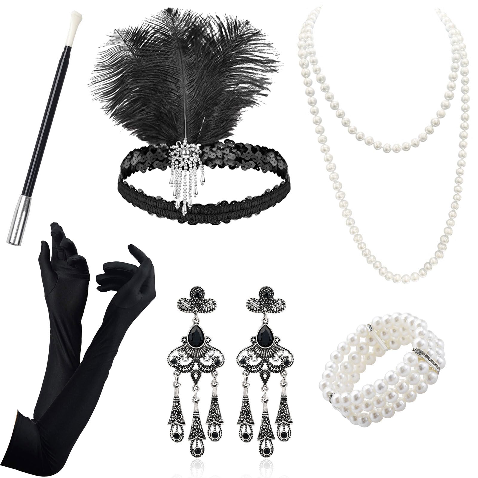 VEGCOO 1920 Accessories for Women,1920s Dresses for Women Vintage Clothing Accessories Including Headband Necklace Gloves Earrings Bracelet Props Set (Black 3)