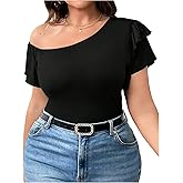 WDIRARA Women's Plus Size Asymmetrical One Shoulder Tops Layered Ruffle Short Sleeve Tee Shirt