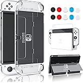 FANPL Protective Case for Nintendo Switch OLED Model 2021, Crystal Case with Flip Shell, Screen Protector and 10 Thumb Grip Caps (Transparent)