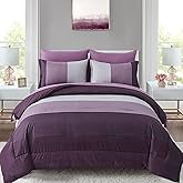 Anibedding Purple Comforter Set Queen 7 Pieces Purple Striped Bed in a Bag, Boho Patchwork All Season Comforter with Sheets, Soft Microfiber Reversible Bedding Set(90"x90")