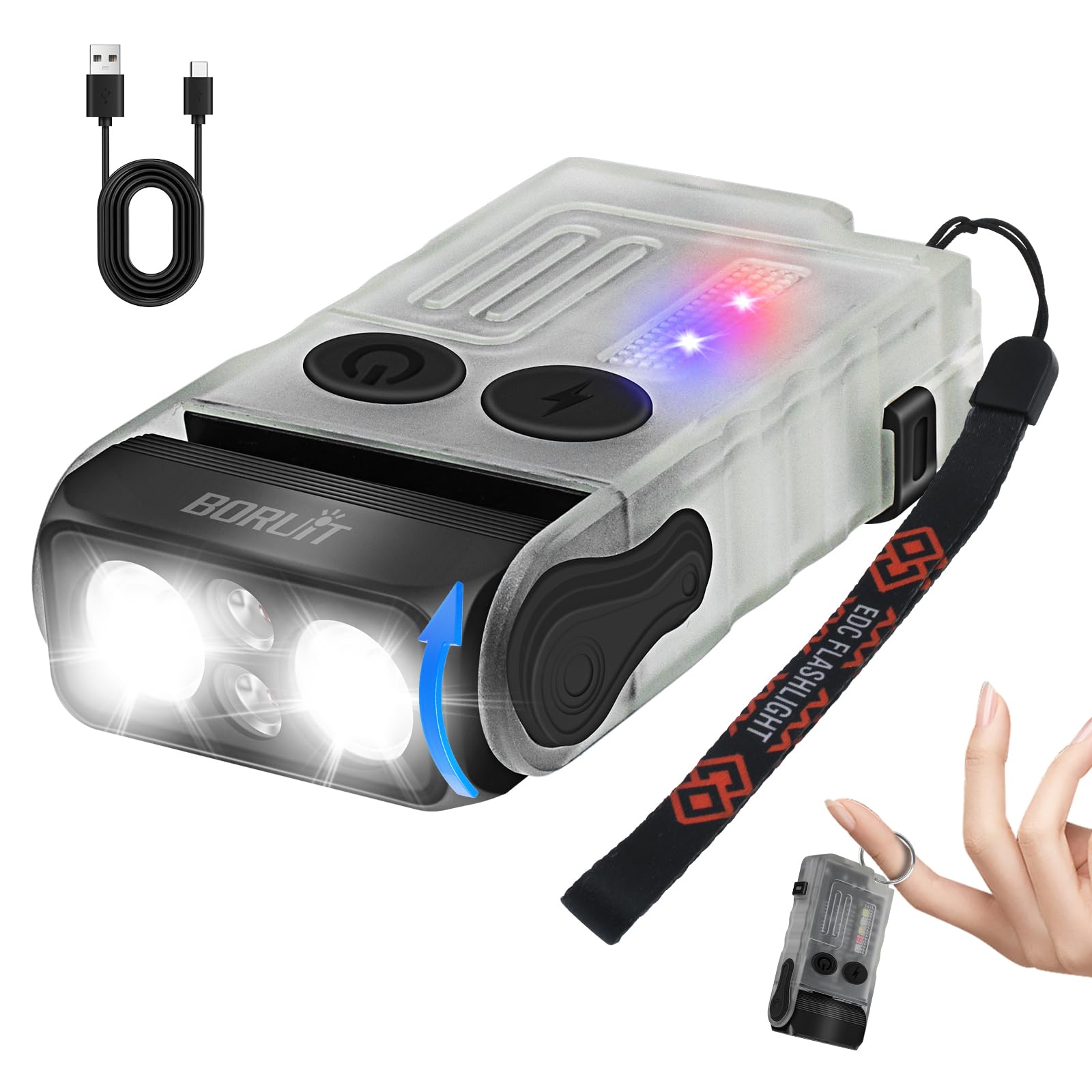 BORUIT V20 Small Powerful Torch 180°Head Swivels Super Bright 1000 LM with Cob Side Light, USB C Rechargeable Torch with Two-Way Clip,Lanyard and Keychain, Magnetic