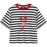 CIDER Striped Crop Tops Lobster Crew Neck Going Out Tops Short Sleeves Beach Vacation Summer Trendy Outfits