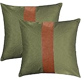 TAOSON Set of 2 Cotton Canvas Patchwork Faux Leather Throw Pillow Covers 18x18 Inch Stripe Pillow Cushion Covers Farmhouse Decor Pillow Cases for Couch Living Room Bed Sofa Decor Brown Olive Green