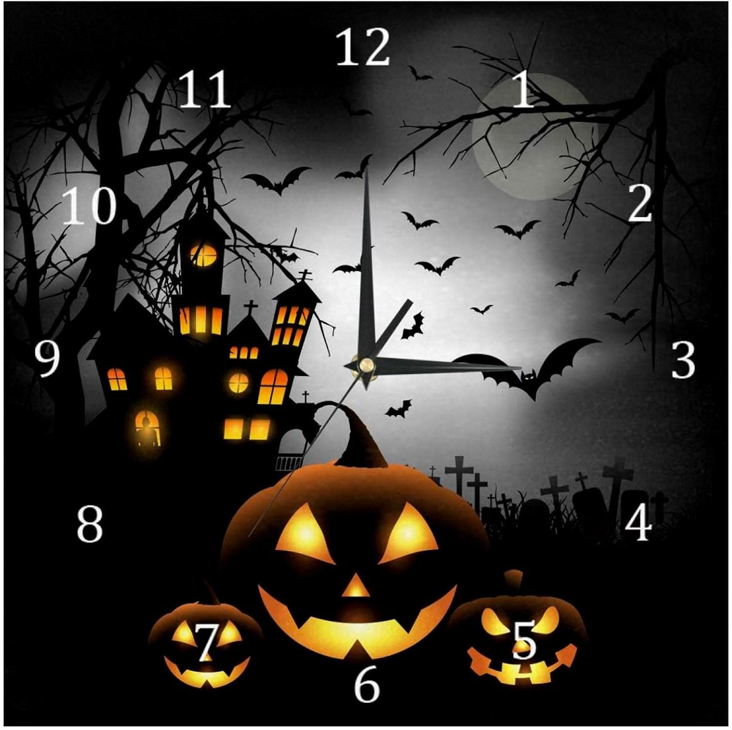 AISSO Wall Clocks Spooky Halloween Pumpkins Cemetery Battery Operated Number Clock for Bedroom Living Kitchen Office Home Decor Silent & Non-Ticking