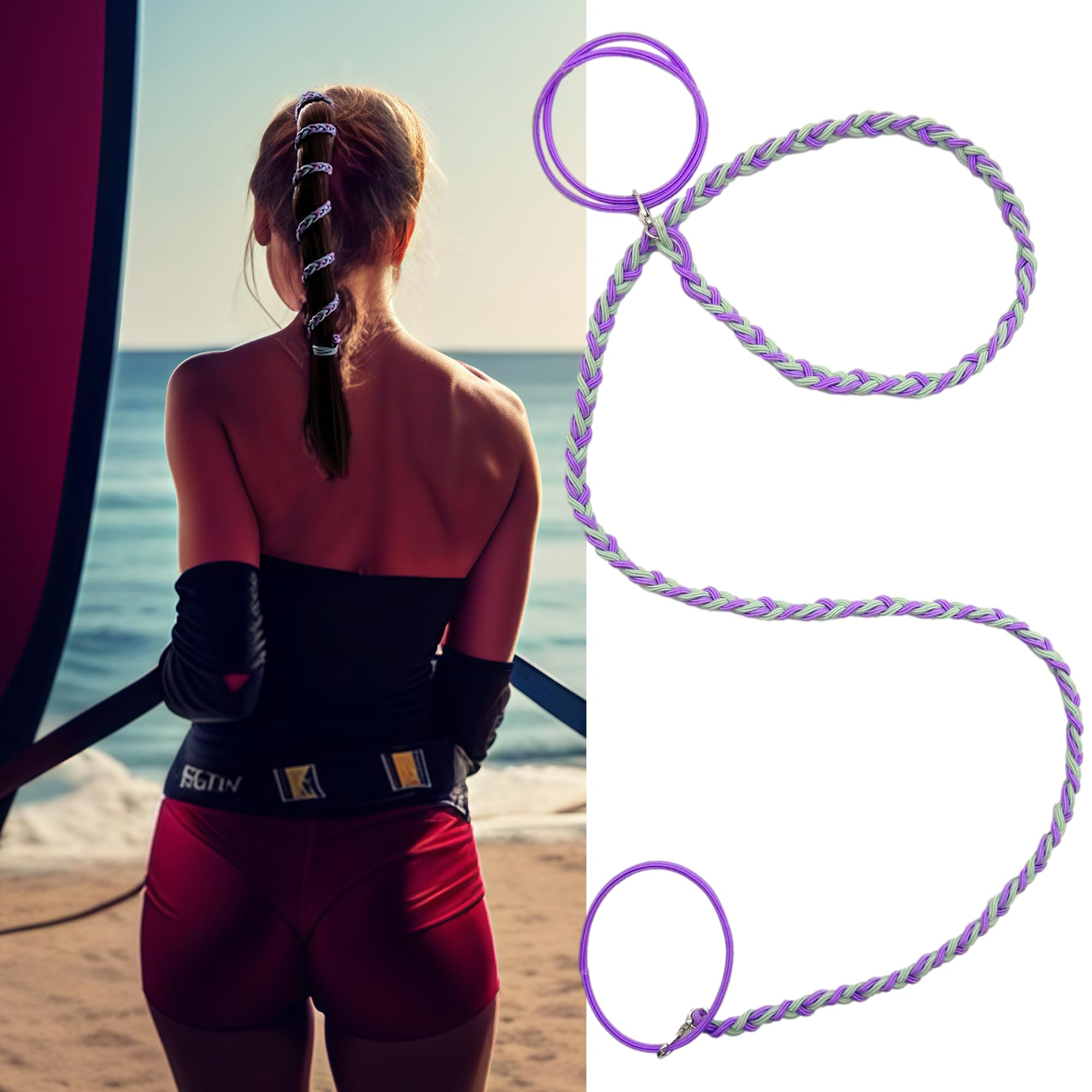 25"/64cm Rip Tie Hair Ties Ponytail Holders for Water Sports, Hair Bobbles for Thick Hair Scrunchies No Damage Strong Braided Pony Tails Ties fixed Curly Hair Surfing Swimming Riding (GreenPurple)