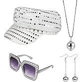 XEPST 4 PCS 70s Disco Costume Accessories Set with Sequin Hat Silver Earrings Sunglasses Necklace Disco Fancy Dress Kit for Women Retro 70 80 Theme Party Birthday Dance
