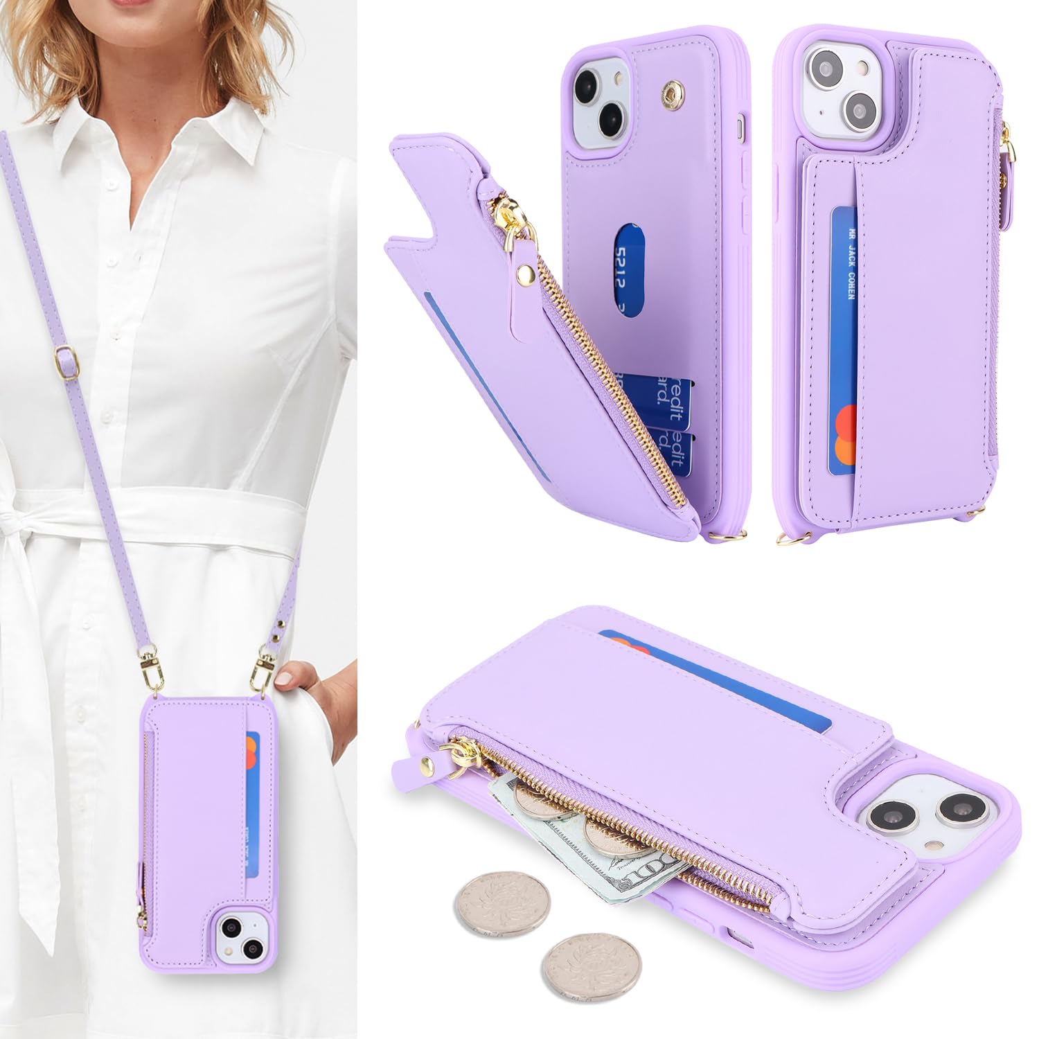 SailorTech for iPhone 15 Plus Phone Case with Credit Card Holder for Women, iPhone 15 Plus Leather Case Wallet Crossbody with Credit Card Slots Zipper Shockproof Case for Men - Purple