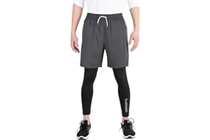 TLAENSON Boys Compression Pants Kids 2 in 1 Football Sports Leggings with Shorts with Zipper Pockets