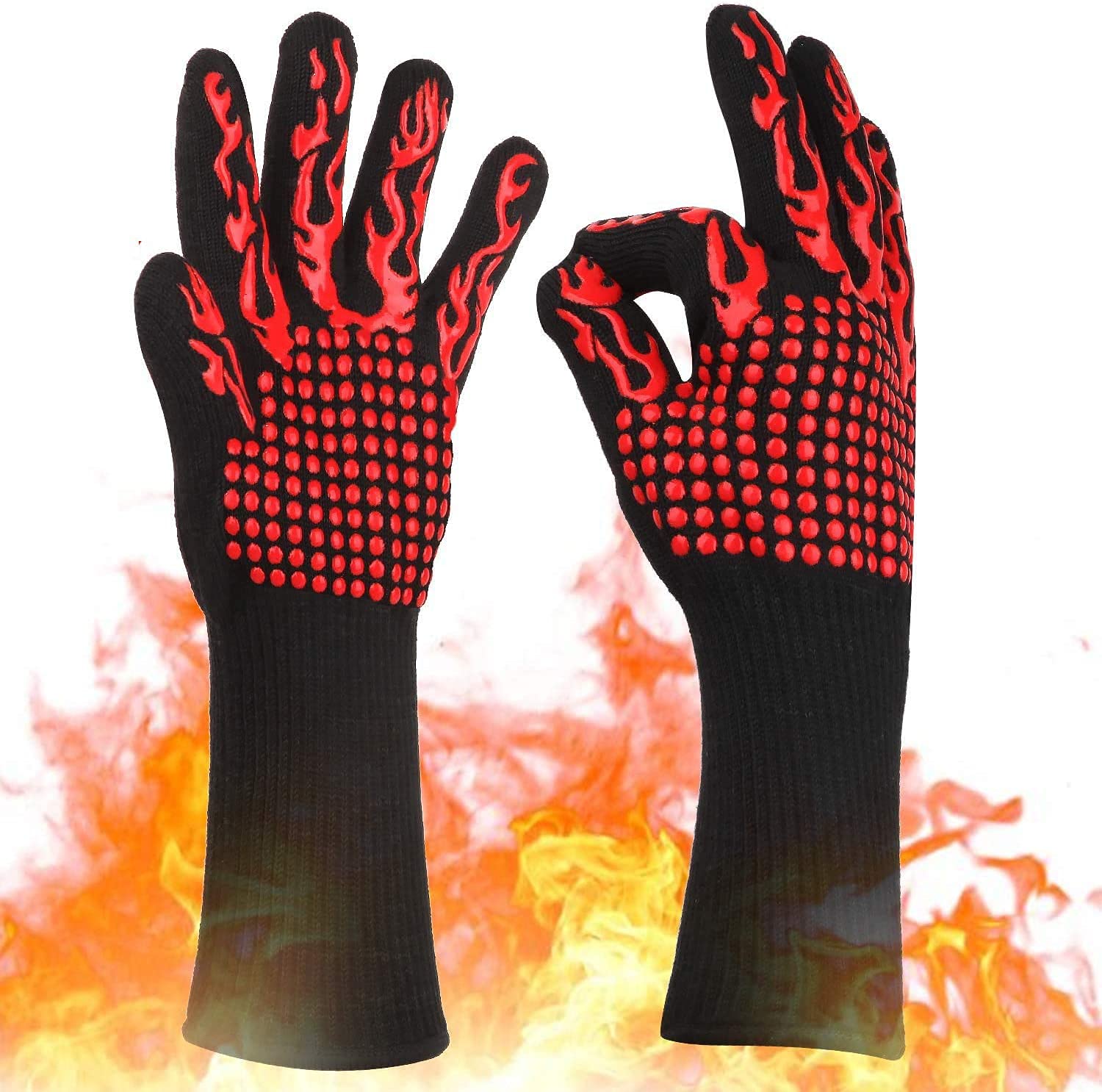 DELFINOBBQ Gloves, 1472℉(800℃) Extreme Heat Resistant Grill Gloves, 14 inch Ultra-Long Wrist Cooking Gloves for Barbecue, Cooking, Silicone Non-Slip Cooking Gloves 1 Pair (red)