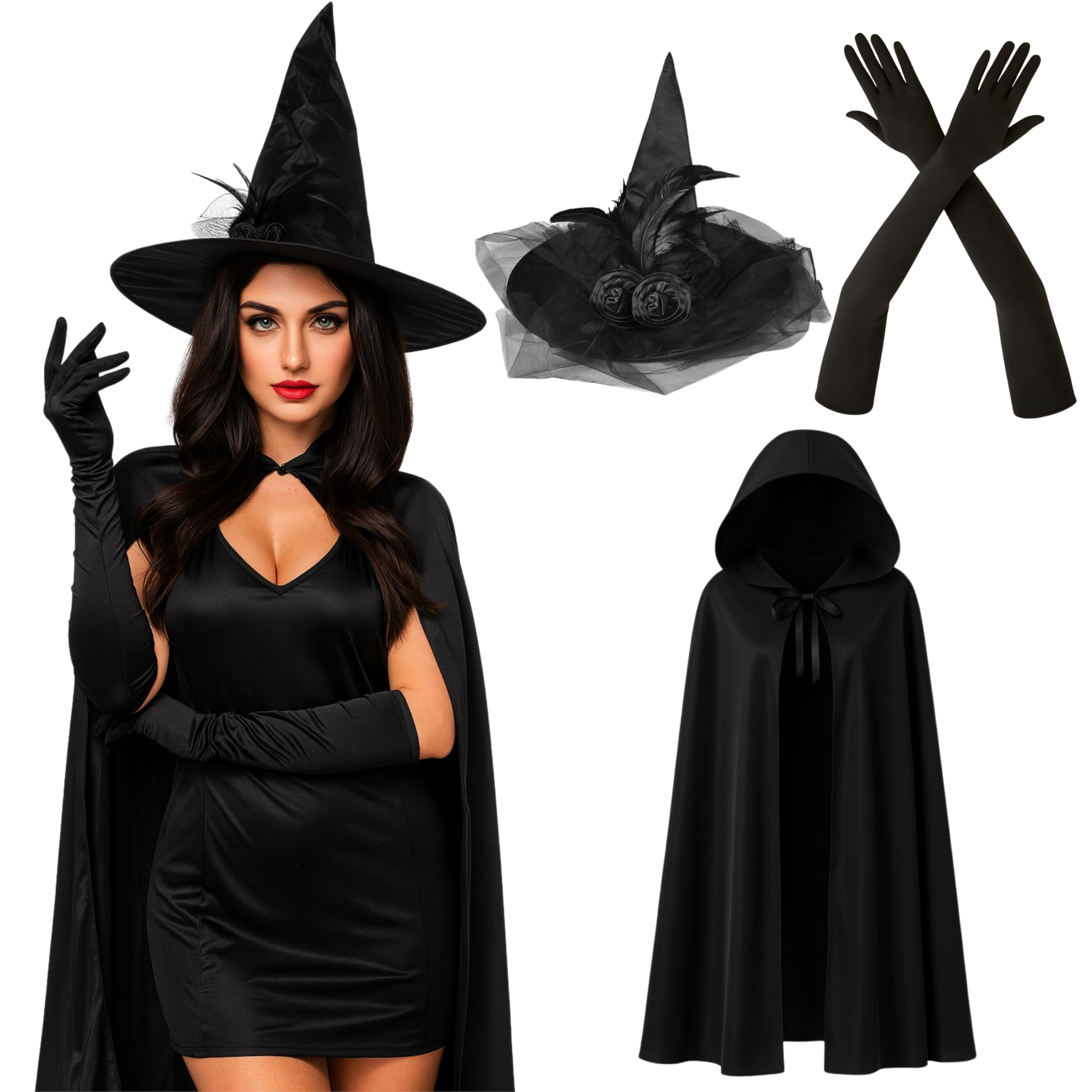 REDSTAR FANCY DRESS 3pc Womens Witch Costume Halloween Accessories Adult - Black Hooded Cloak, Long Black Gloves and Lace Witch Hat Halloween Costumes for Women World Book Day Outfits