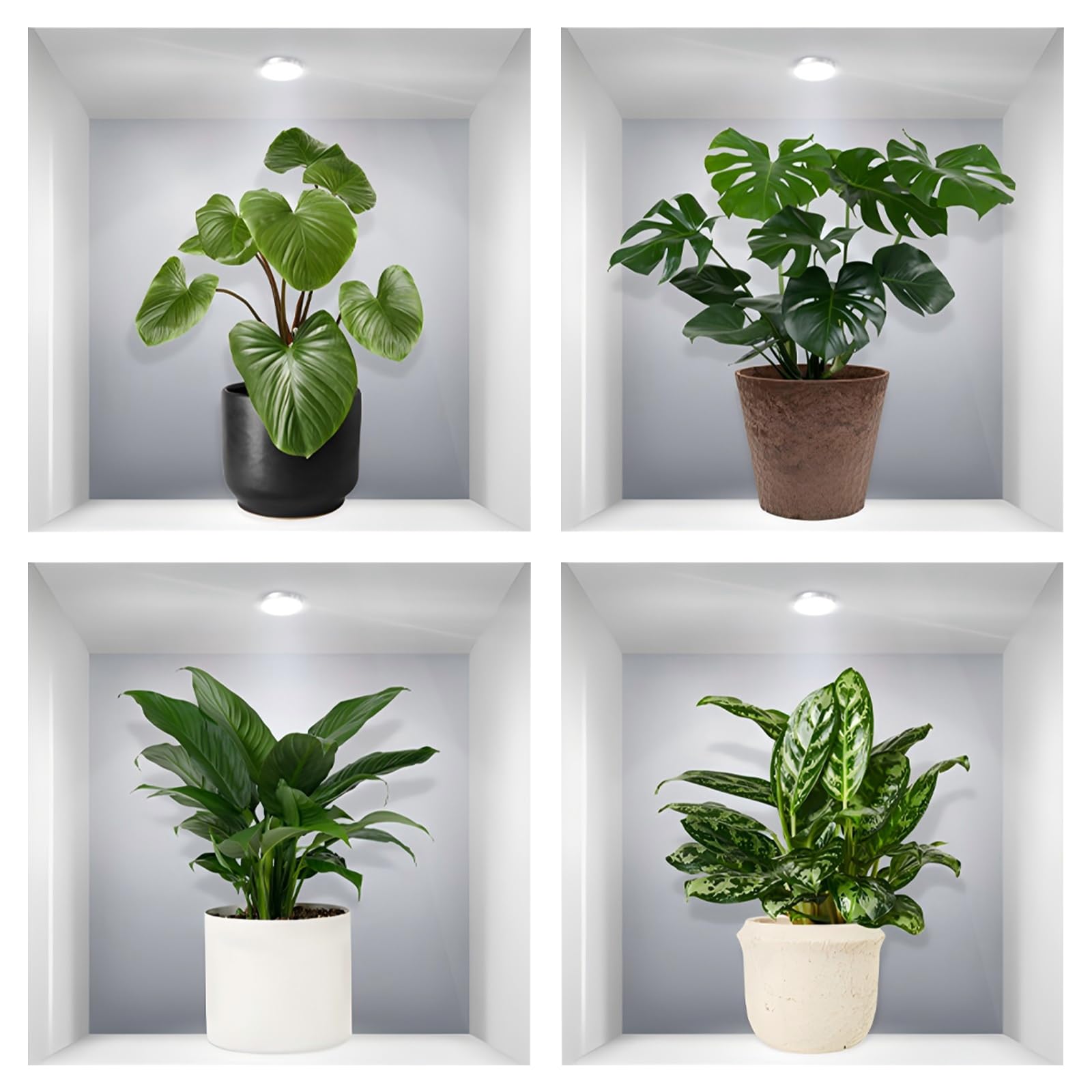 4pcs Plant Wall Stickers Living Room Wall Stickers 3D Wall Sticker Vases Vinyl Removable Wall Sticker Decals DIY for Bedroom Kitchen Bathroom Wall Decor (C)