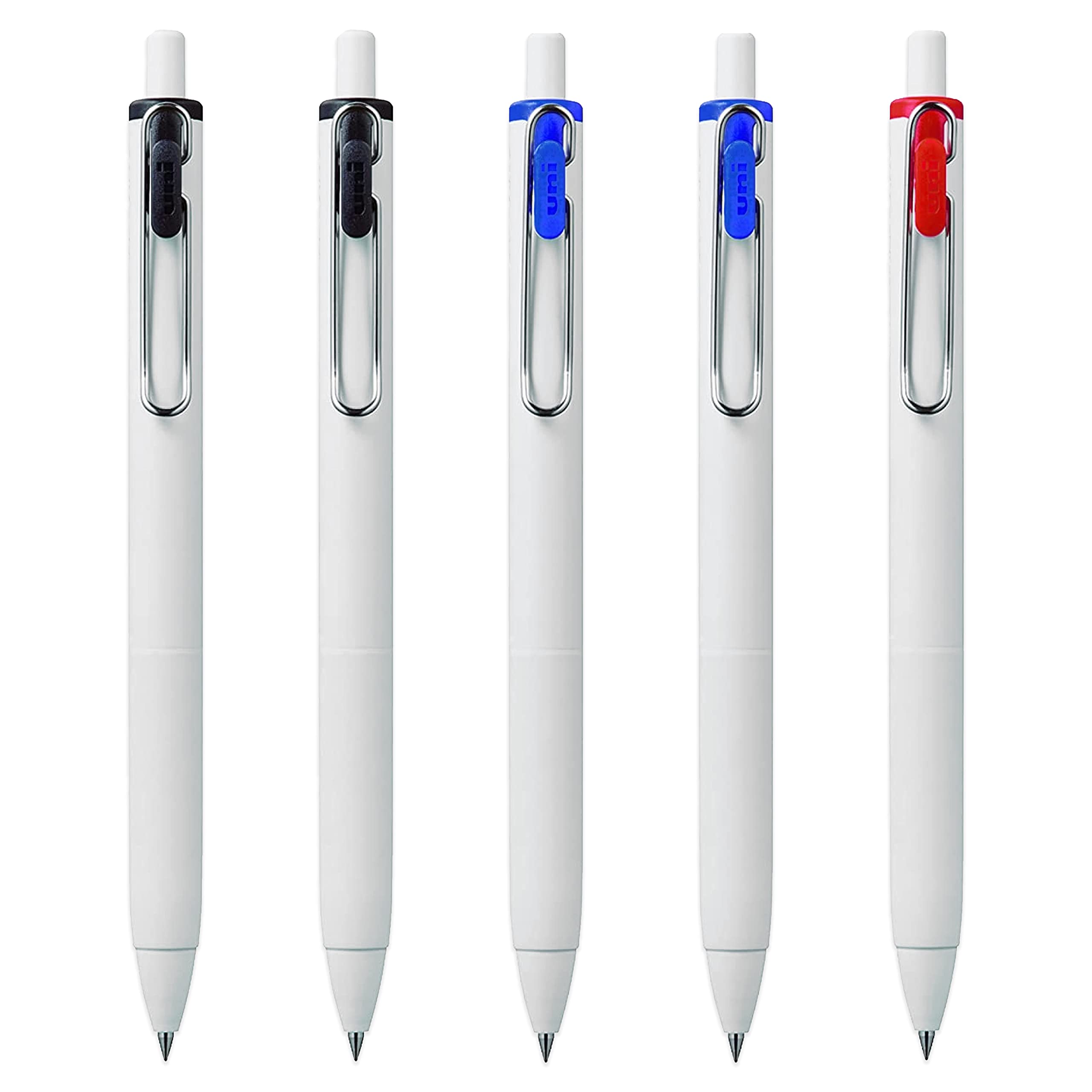 uni-ball UMN-S-05 Retractable Gel Ink Rollerball Pens - 0.5mm Tip Nib - White Barrel - Black, Blue, Red - Pack of 5