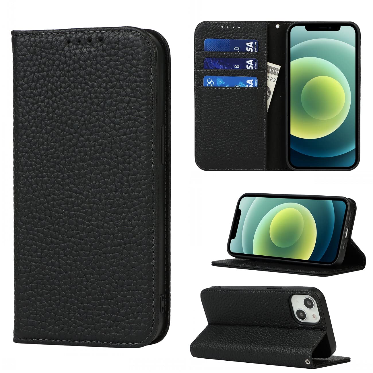 Copmob Phone Case iPhone 13,Flip Genuine Leather Wallet Case,[4 Slots][Magnetic closure][With Lanyard],Protective Cover Case for iPhone 13 - Black