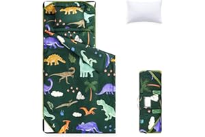 Wake In Cloud - Cot Nap Mat with Pillow and Blanket, for Toddler Kids Boys Girls in Daycare Kindergarten Preschool Pre K with Elastic Corner Straps, Cute Colorful Dinosaur, Dark Green