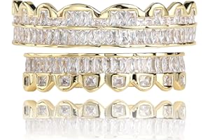 TOPGRILLZ Diamond Grillz Men Gold Grills for Your Teeth Iced out Hip Hop 14K Gold Plated Baguette Cubic Zirconia 8 Teeth Top and Bottom Grillz for Women Rapper Costume