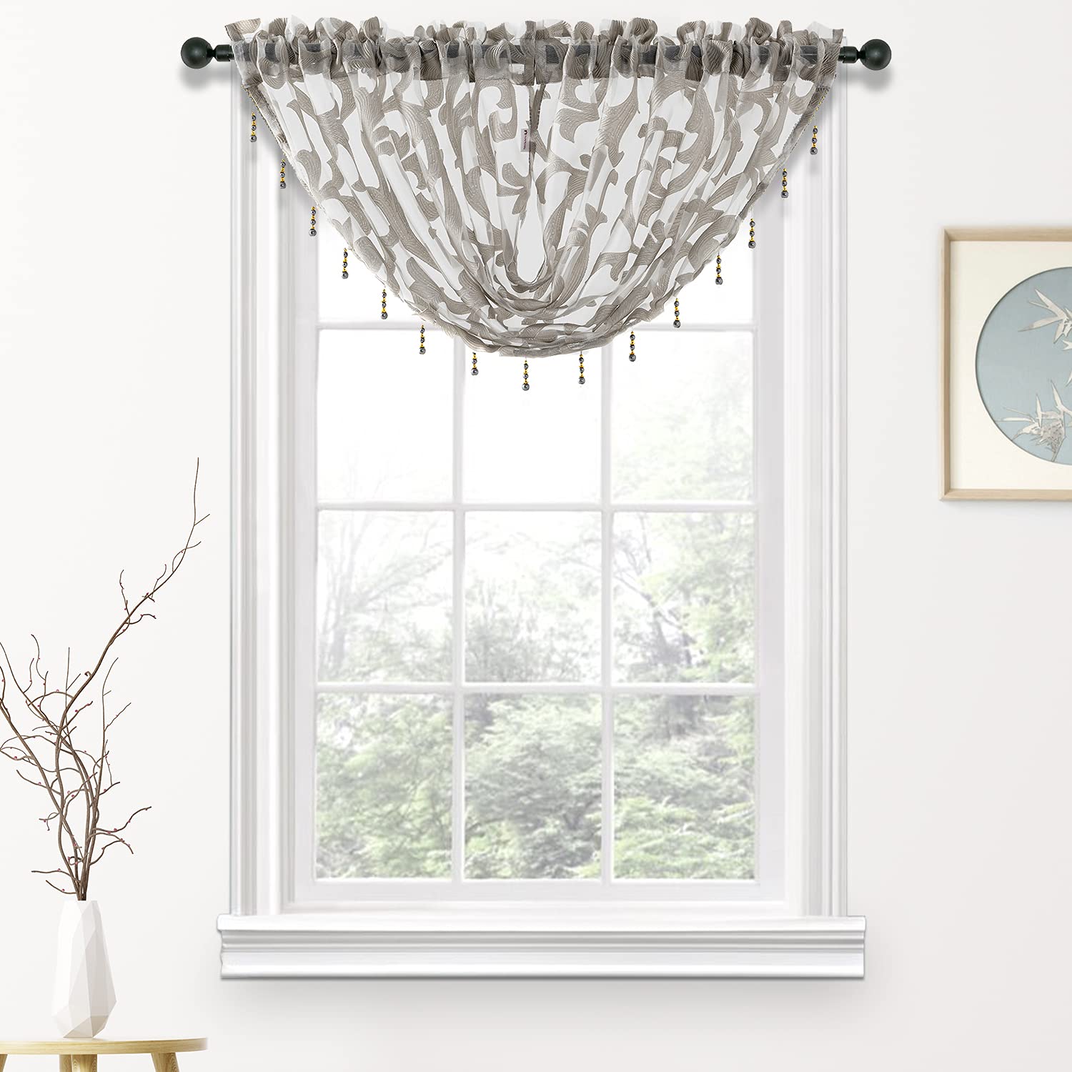 NAPEARL Grey Window Valance Beaded Organza Sheer Bathroom 、Curtains, Jacquard Waterfall Valance for Windows, Dining Room, Kitchen (1 Valance, 40 x 17 Inch)