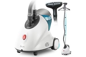 SALAV GS18 Full-Size Clothes Steamer - 1500W Power, 1.8L Water Tank, 60-Min Garment Steam, Iron Clothing, Adjustable Pole & Wheels for Easy Storage, Professional Standing Steamer for Clothes, White