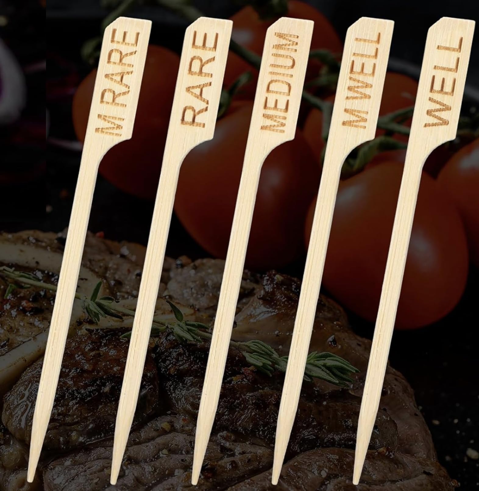 Bamboo Steak Markers, 500 Skewers 9cm 3.5" Gun Paddle Picks 100pcs per Pack Wooden - Total 500 pcs 100 Rare 100 M Rare 100 Medium 100 M Well 100 Well