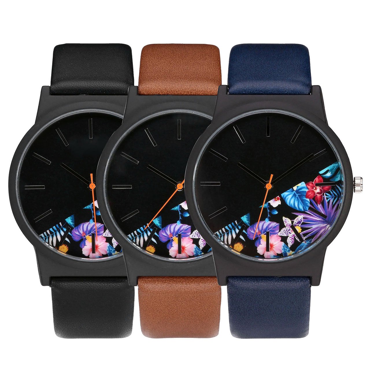 JSDDE Uhren,Vintage Klassische Blumen Armbanduhr Basel-Stil Damen Uhr PU Lederband Analog Quarzuhr,Schwarz