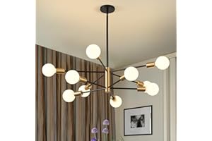 KAISITE Modern Chandelier Dining Room Light Fixture Over Table 10-Light Sputnik Chandelier Ceiling Light Fixture Height Adjustable Black and Gold Mid Century Pendant Lighting for Kitchen Living Room