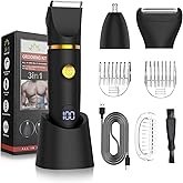 Qreeyx Manscape Body Trimmer for Men, 3 in 1 Men's Grooming Kit with Pubic/Nose Hair Trimmer & Ball Shaver for Nose/Balls/Groin/Legs/Chest Hair Removal, LED Display, IPX6 Waterproof, Gifts for Him Dad