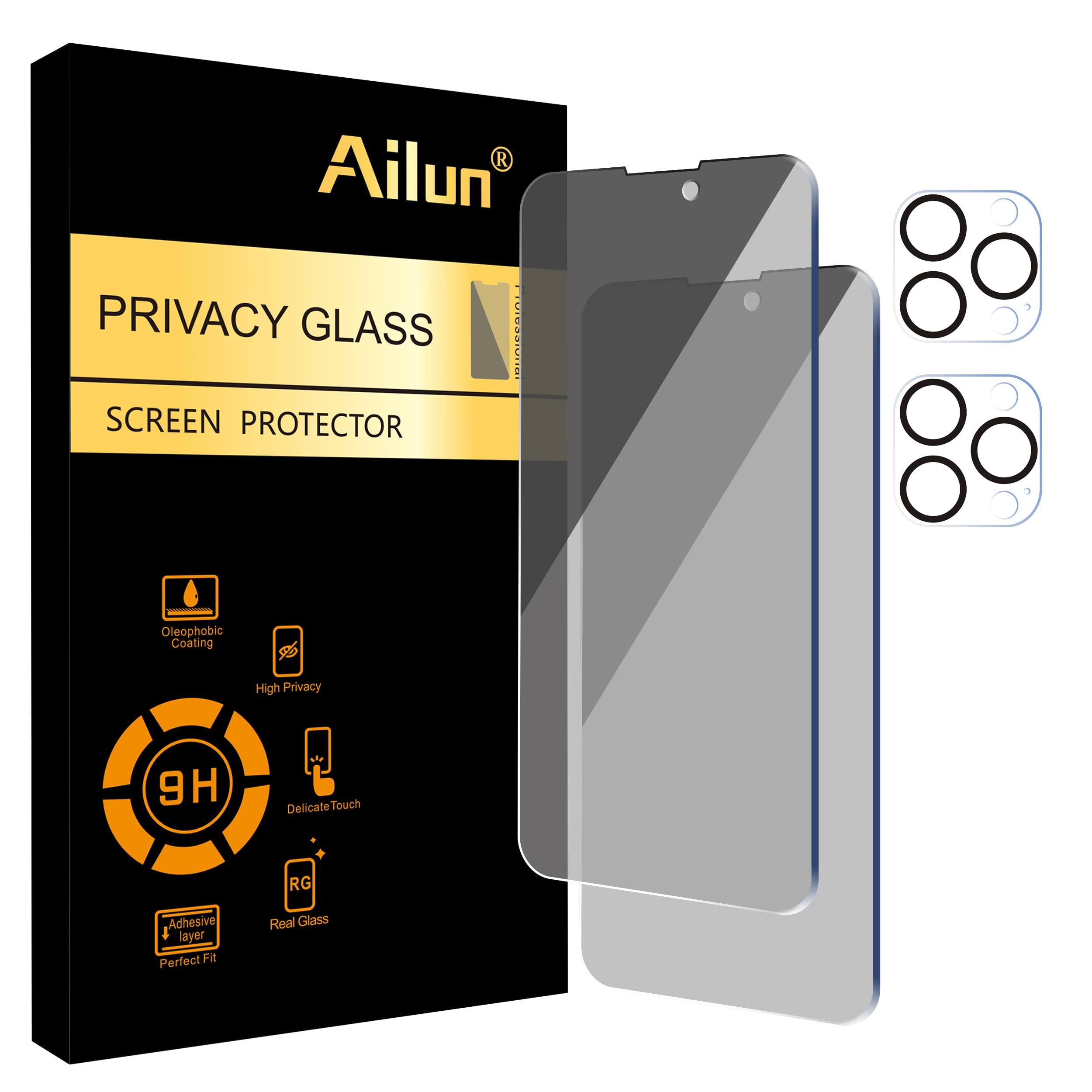 Photo 1 of Ailun 2Pack Privacy Screen Protector Compatible for iPhone 14 Pro Max [6.7 inch] + 2 Pack Camera Lens Protector, Anti Spy Private Tempered Glass Film, Case Friendly, [9H Hardness] - HD