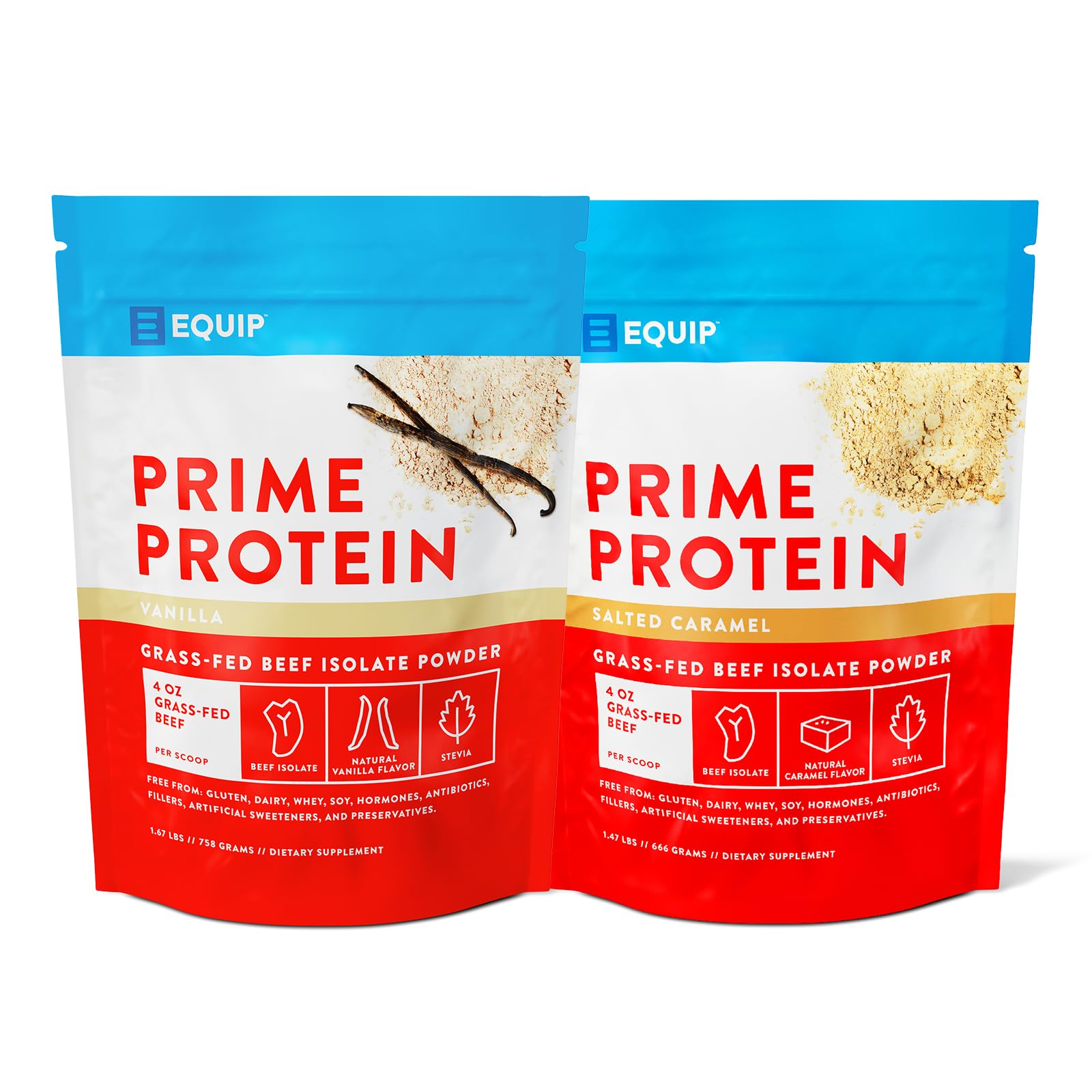 Equip Foods Prime Protein Powder Vanilla & Prime Protein Powder Salted Caramel