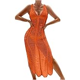 OYOANGLE Women's Crochet Hollow Out Swimsuit Cover Up Deep V Neck Sleeveless Beach Midi Dress Swimwear