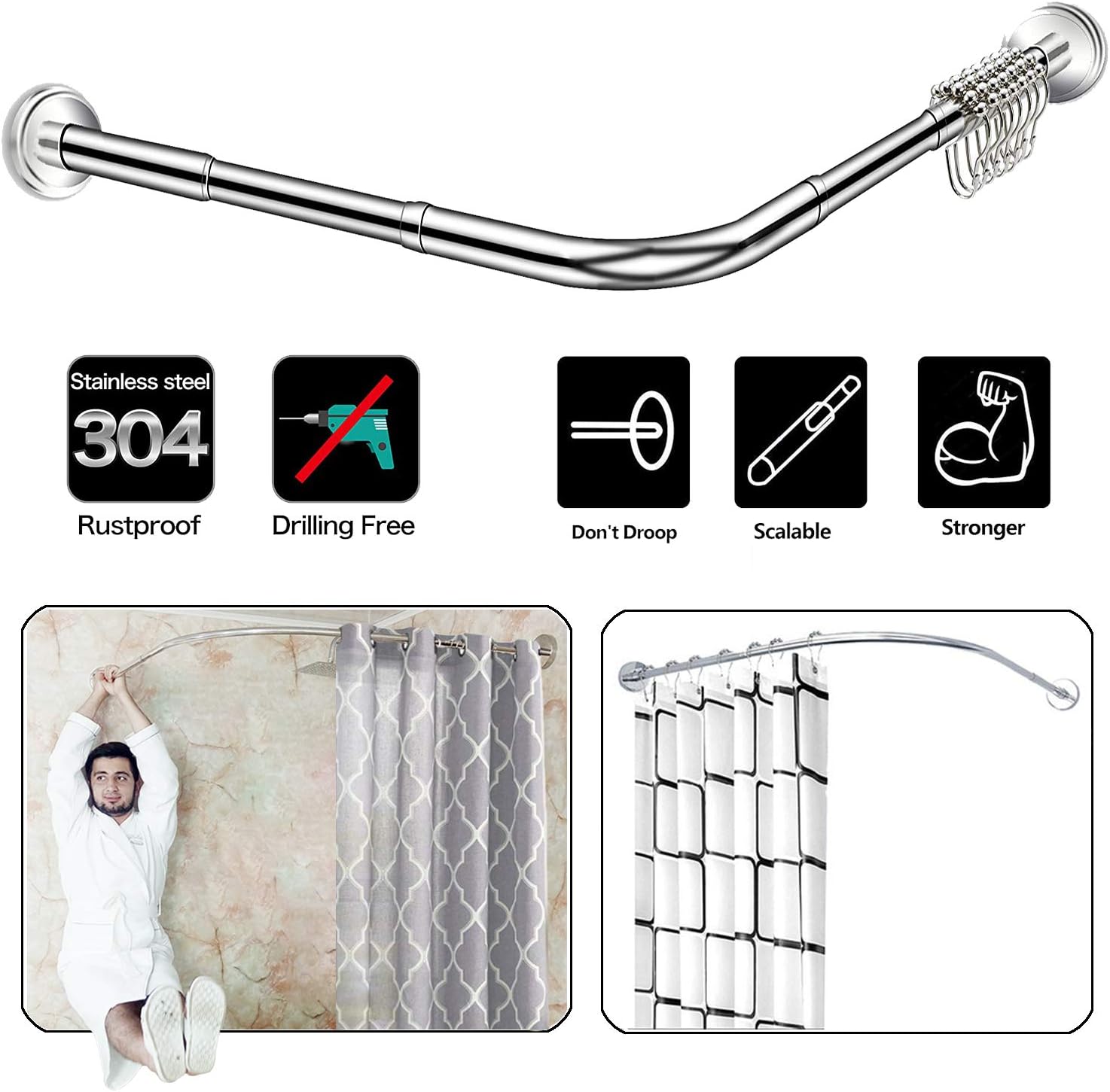 Quany Life Stretchable Corner Shower Curtain Rod Drill Free Install