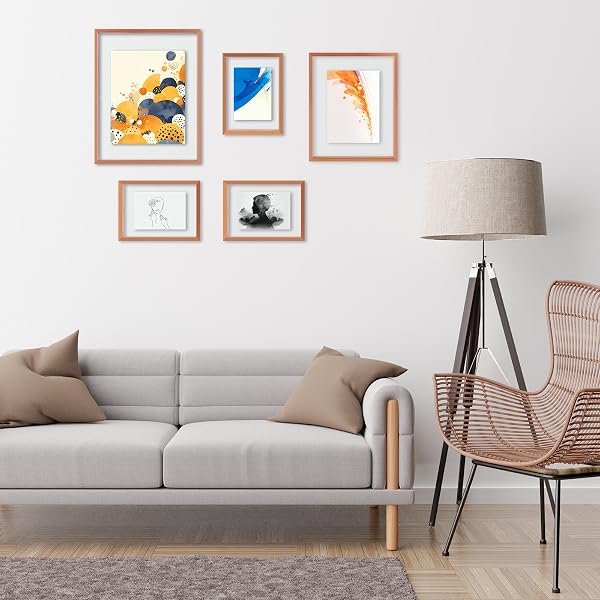 GOLDEN STATE ART, 7 PACK FLOATING FRAMES FOR ONE 11X14, TWO 8X10, AND FOUR 5X7 PICTURES. ALUMINUM PHOTOS FRAME FOR WALL DISPLAY (ROSE GOLD)