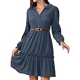 Jayscreate Women's Knit Ruffle Layered Dress Pocket 2025 High-Waisted Spring Fall V Neck Long Sleeve Business Work Dress