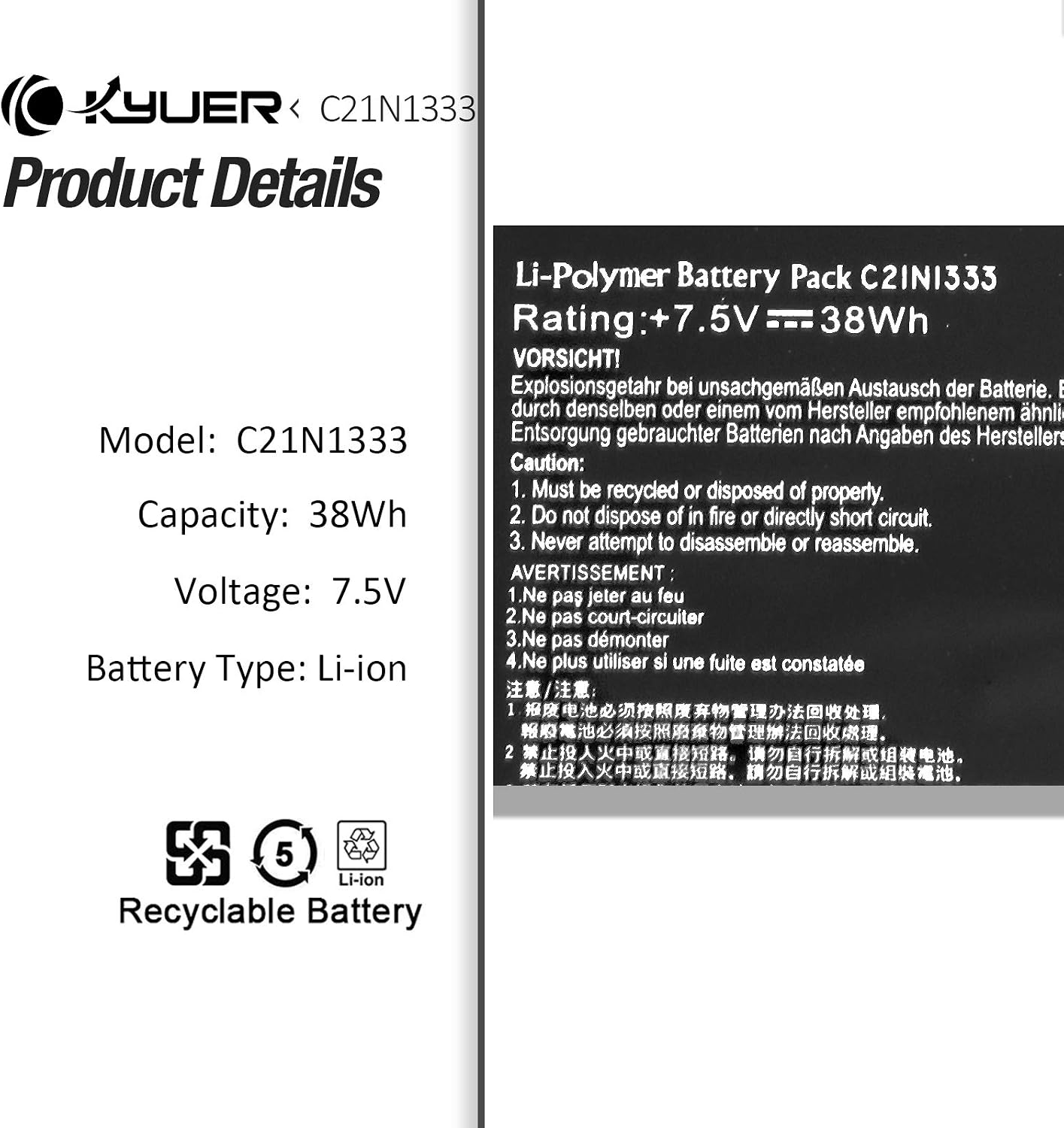 K KYUER 38Wh C21N1333 Laptop Battery for Asus Transformer Book Flip TP550L TP550LA TP550LAB TP550LD TP550LJ R554L R554LA X454 TP550LA-UH51T CJ004H CJ040H CJ090H TP550LD-CJ078H CJ060H CJ084H C21NI333 - Image 3