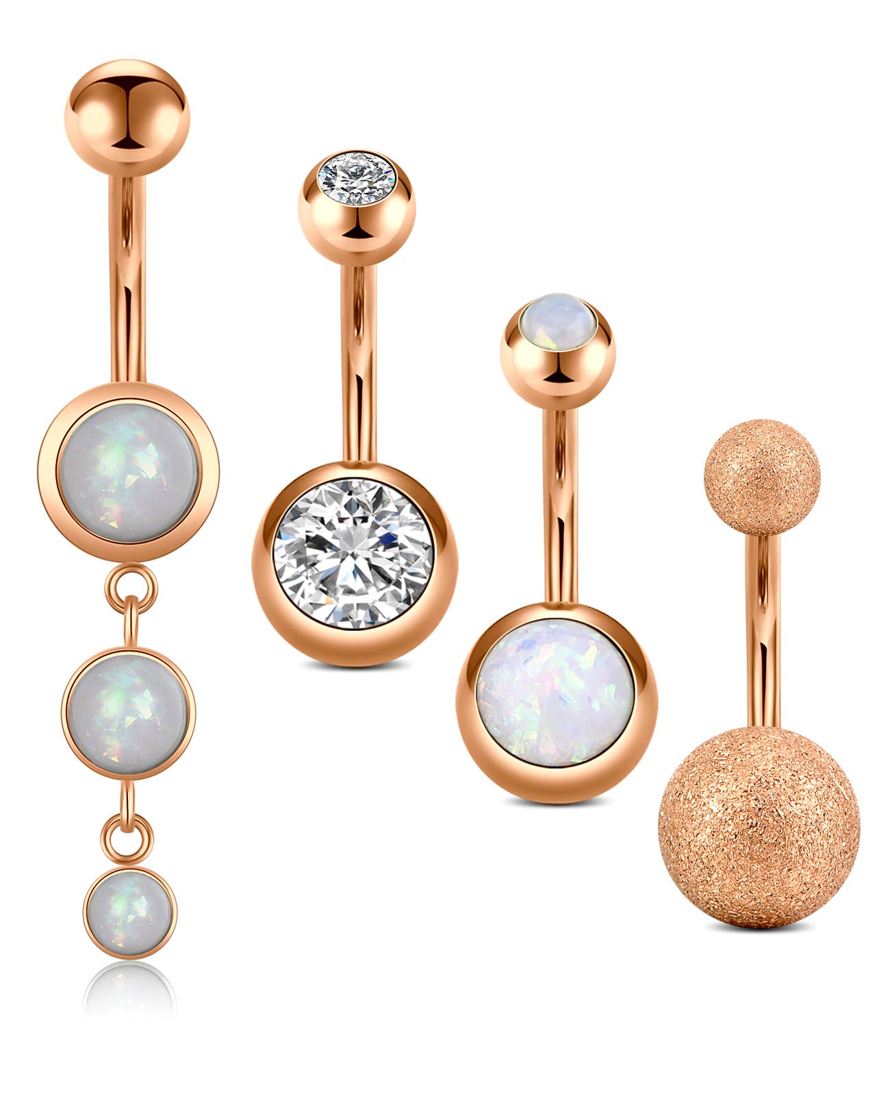 AceFun Belly Bar Dangle Rose Gold 4pcs Belly Button Bar 14G Surgical Steel Opal Chain Belly Ring Navel Ring Banana Body Piercing Jewelry